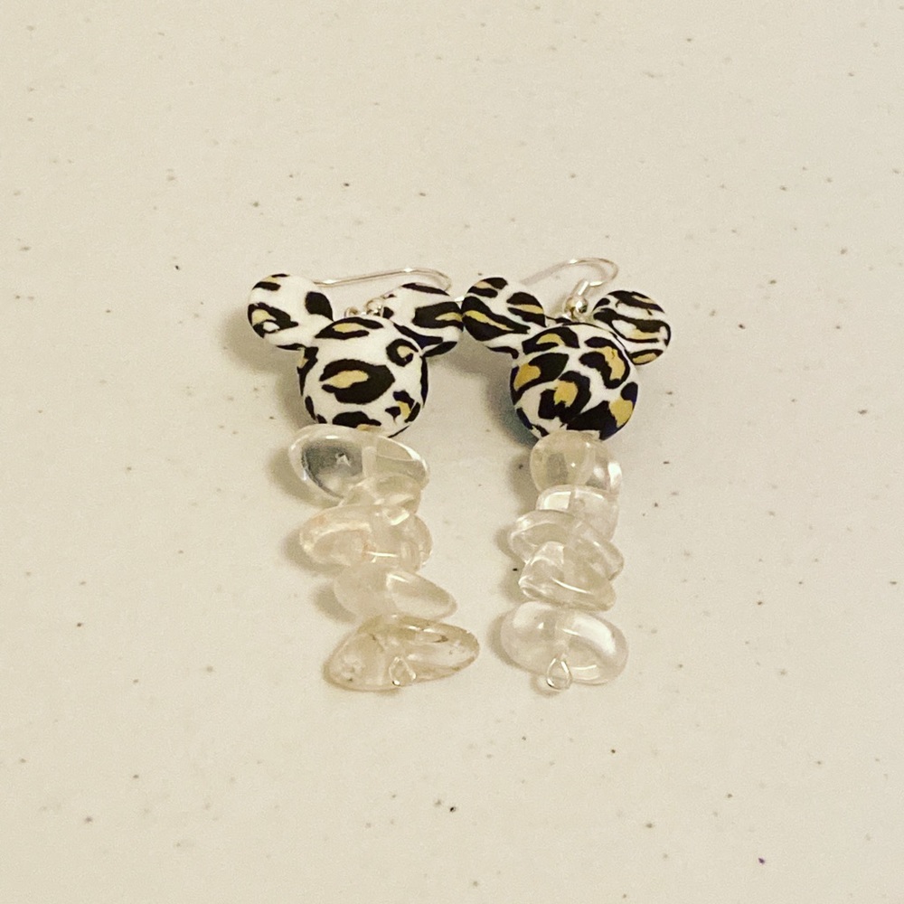 Genuine clear quartz leopard Mickey earrings